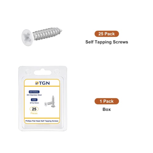 DTGN 25pcs ST3 x 15mm Flat Head Wood Screws, 304 Stainless Steel White Cross Head Self-Adhesive Screws - Ideal for Woodworking and Furniture