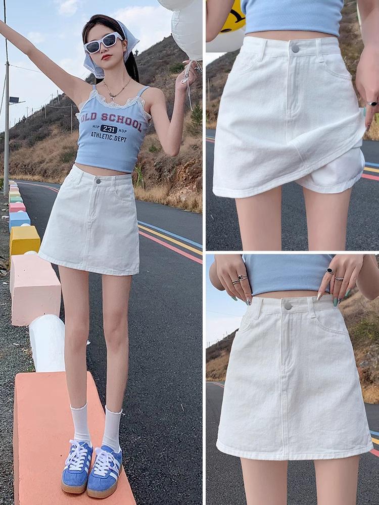 Women's High Waist White Denim Midi Skirt - Summer 2025 A-Line Bodycon Skirt with Anti-Exposure Design