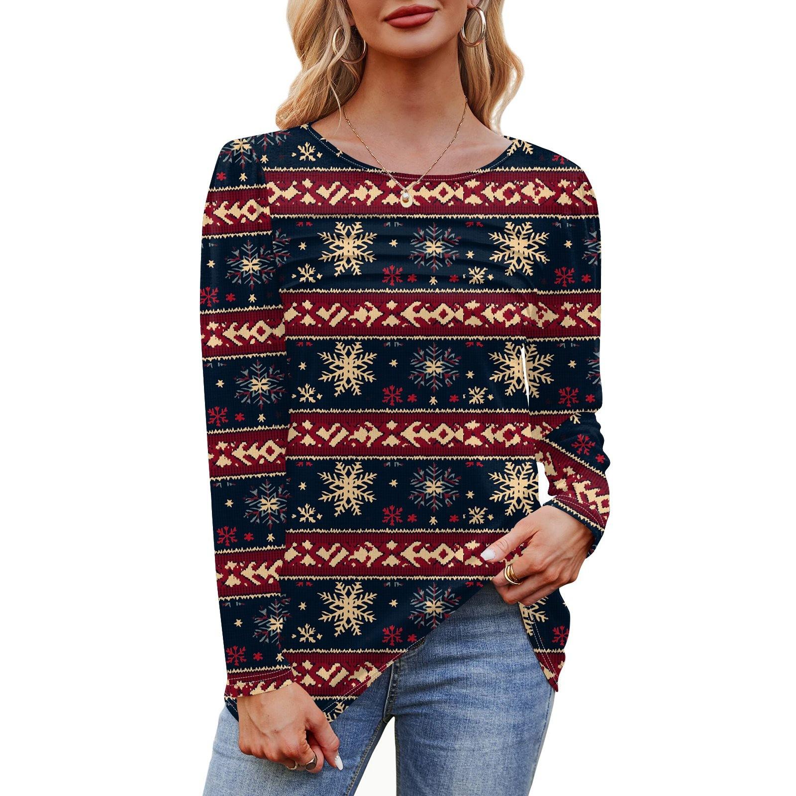 

Women s Christmas Tree Snowflake Print Round Neck Pleated Long Sleeve T-Shirt Top XL Темно-синій