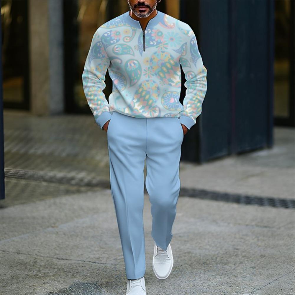 Spring Autumn 3D Printed Fashion Men's Long-Sleeved Sets Half-Zipper Stand-Up Collar Men's Casual Sportswear Two-Piece Set
