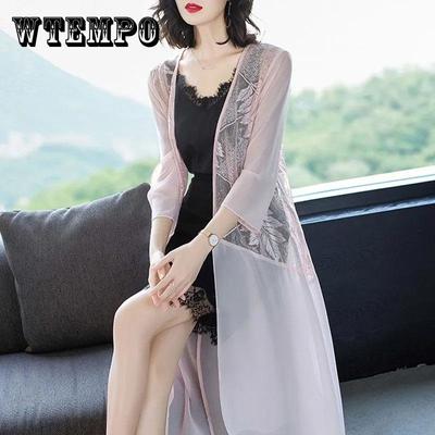 Sonnenschutz Damen Sommer Damen Spitze Bestickt Mittellange Chiffon Bluse Damen Dünner Mantel Strickjacke