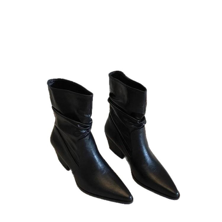 2025 Autumn and Winter Pointed Head Thick Heel Patent Leather Thin Boots Women's Medium Tube Pleated Pile Boots Western Boots Martin Boots Short Boots