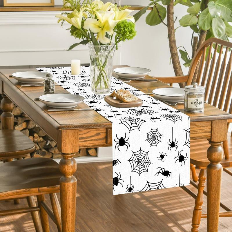 1pc White Black Halloween Table Runner with Spider Web Pattern Dustproof Durable Tablecloth for Halloween Theme Party Decoration