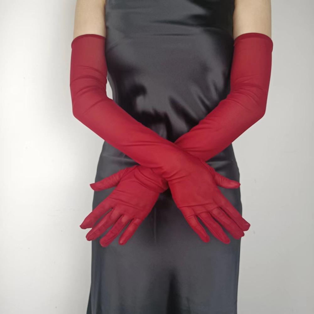 Hot Sexy Lace Long Gloves 55CM Summer Cycling Driving Sun Glove Thin Stretch Mesh Transparent Arm Sleeve Mitten Women