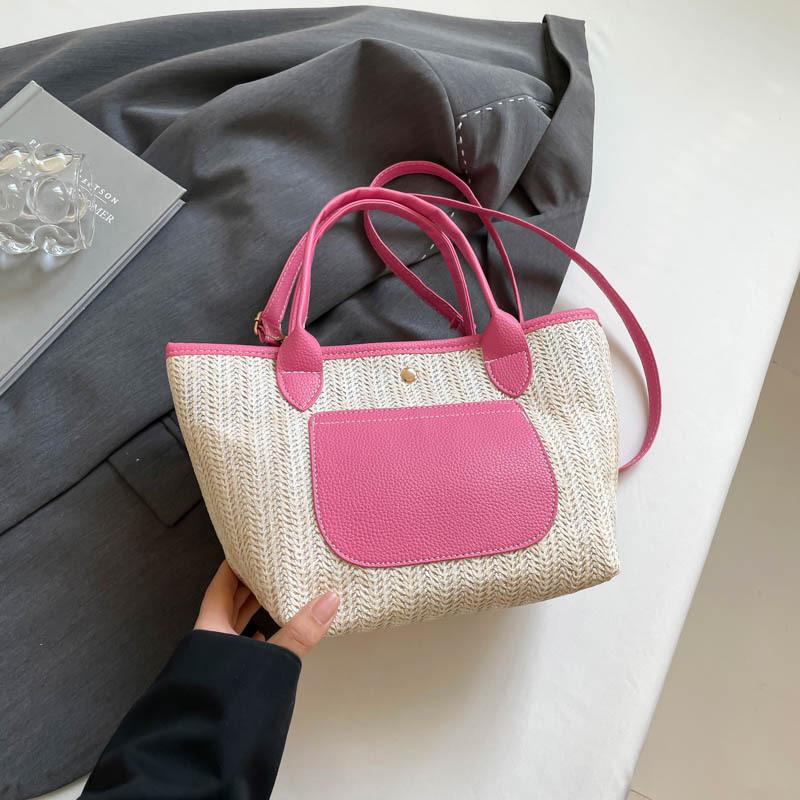 

Niche design new straw woven tote bag thickened shopping bag European and American shoulder bag women s splicing handbag women s bag розовый