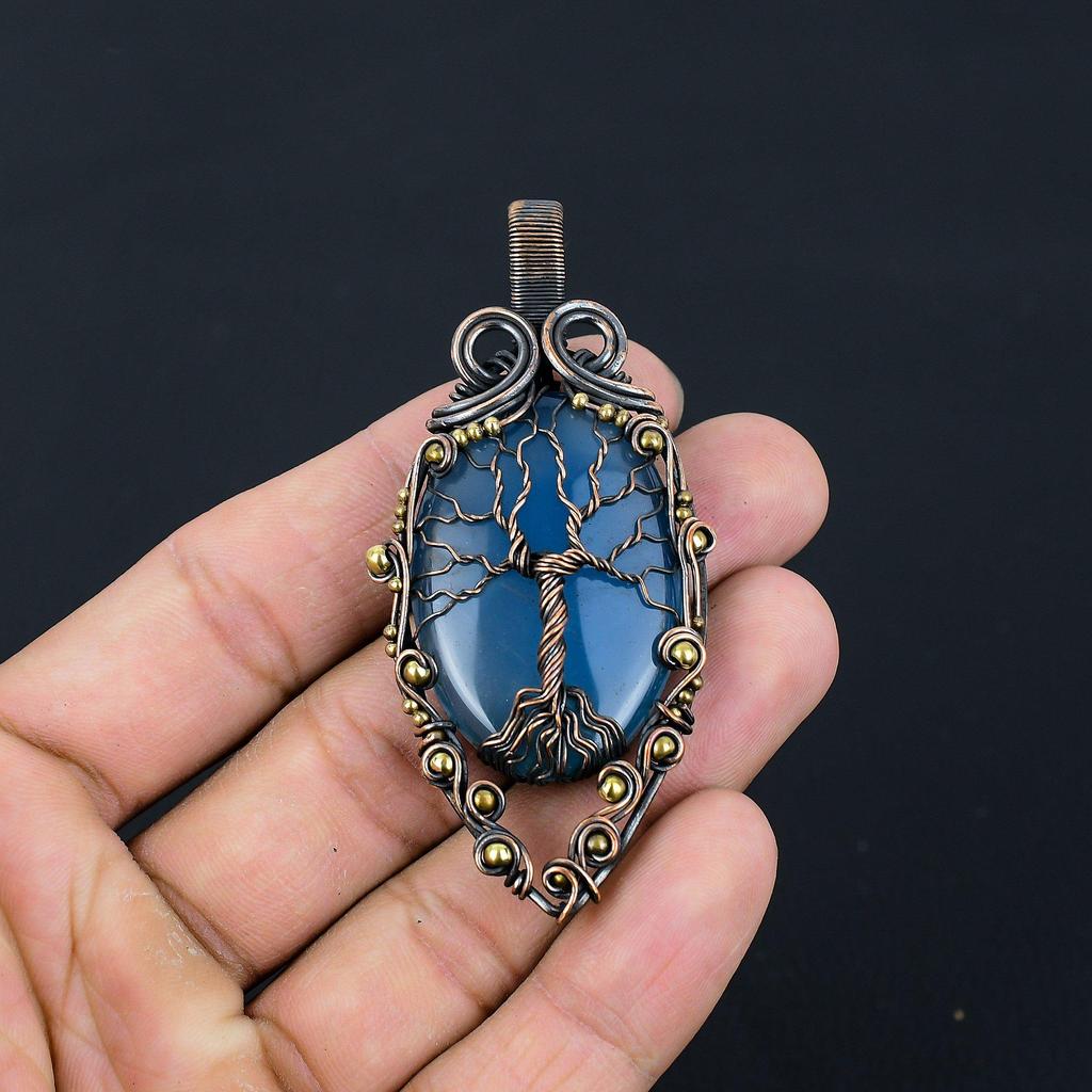 Tree Of Life Blue Chalcedony Gemstone Pure Copper Wire Wrapped Handmade Pendant Jewelry