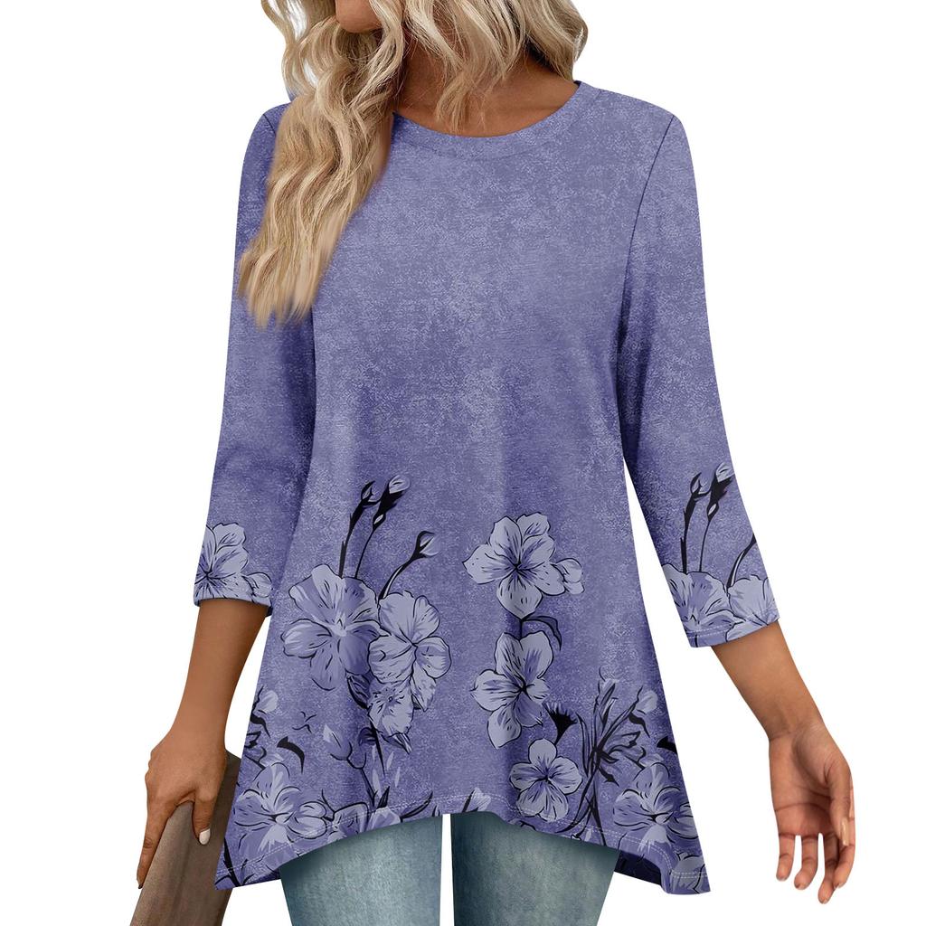 Tunika-Oberteile für Damen Locker sitzende Oberteile mit Prints 3/4-Ärmel Damenoberteile mit asymmetrischem Saum