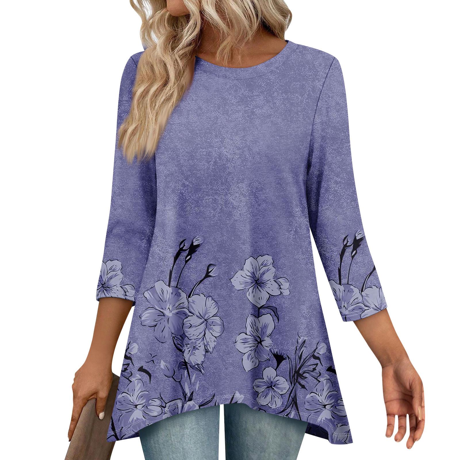 

Туники для женщин Свободного кроя Топы с принтами Рукав 3/4 Женские топы с асимметричным подолом L фиолетовый