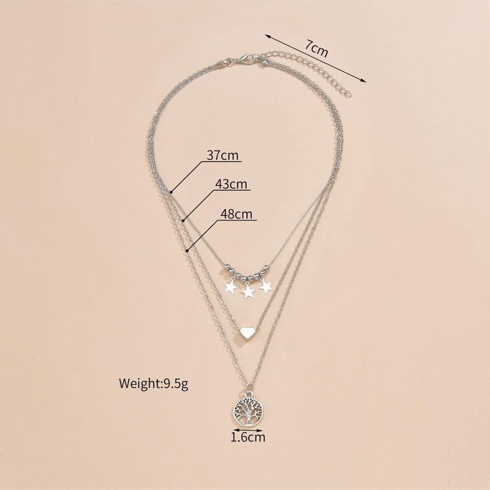New star tassel love tree of life pendant multi-layered women's alloy silver necklace