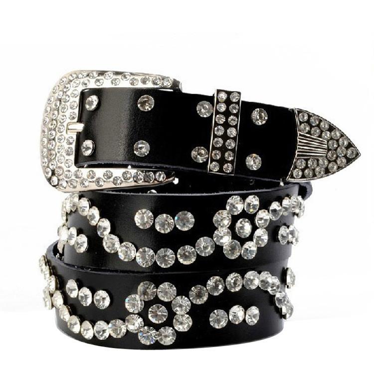 Wide Leather Belt With Metal Pin Closure Rhinestone Decor For Elegant Womens