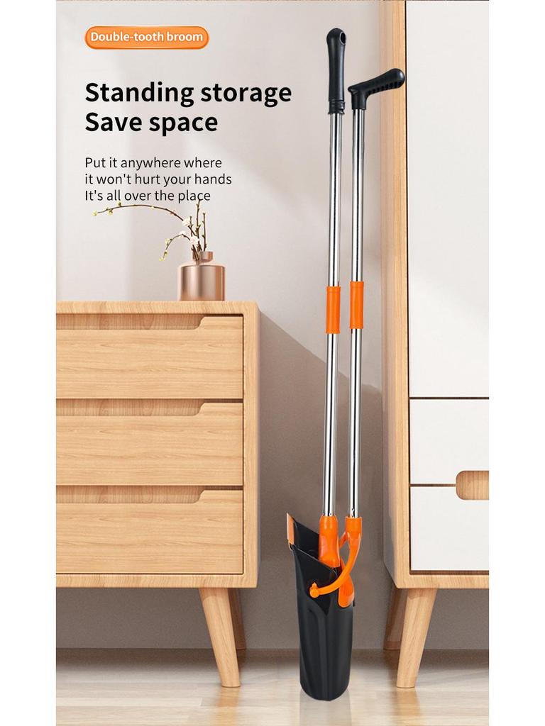 Family Upright Broom & Dustpan Set with Extra Long Handle for Indoor/Outdoor Use