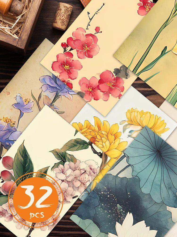 32pcs, Antique Floral and Botanical Postcards, Wall Stickers, Mailing Cards, Greeting Cards, DIY Postcards, Souvenir Postcards,