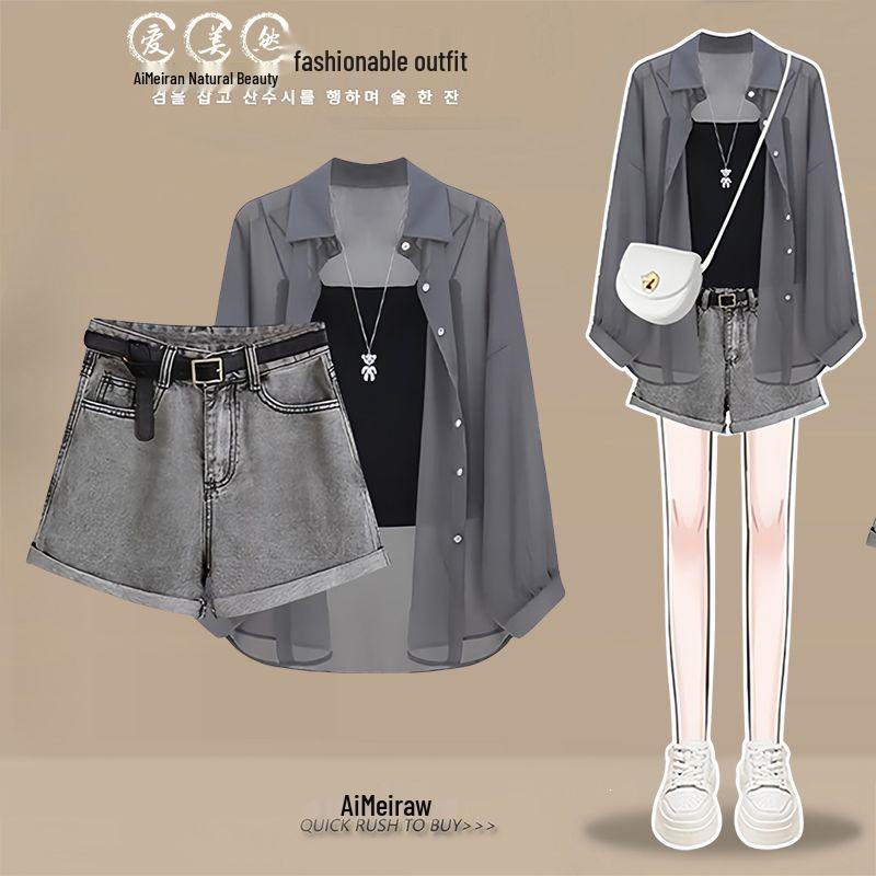 

Women s Plus Size Summer 2026 Outfit: Sun-Protective Chiffon Shirt with Camisole and Slimming Denim Shorts, Three-Piece Set. M 45-50kg