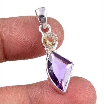Natural Amethyst,Citrine Gemstone 925 Sterling Silver Jewelry Pendant 1.25" E1e33