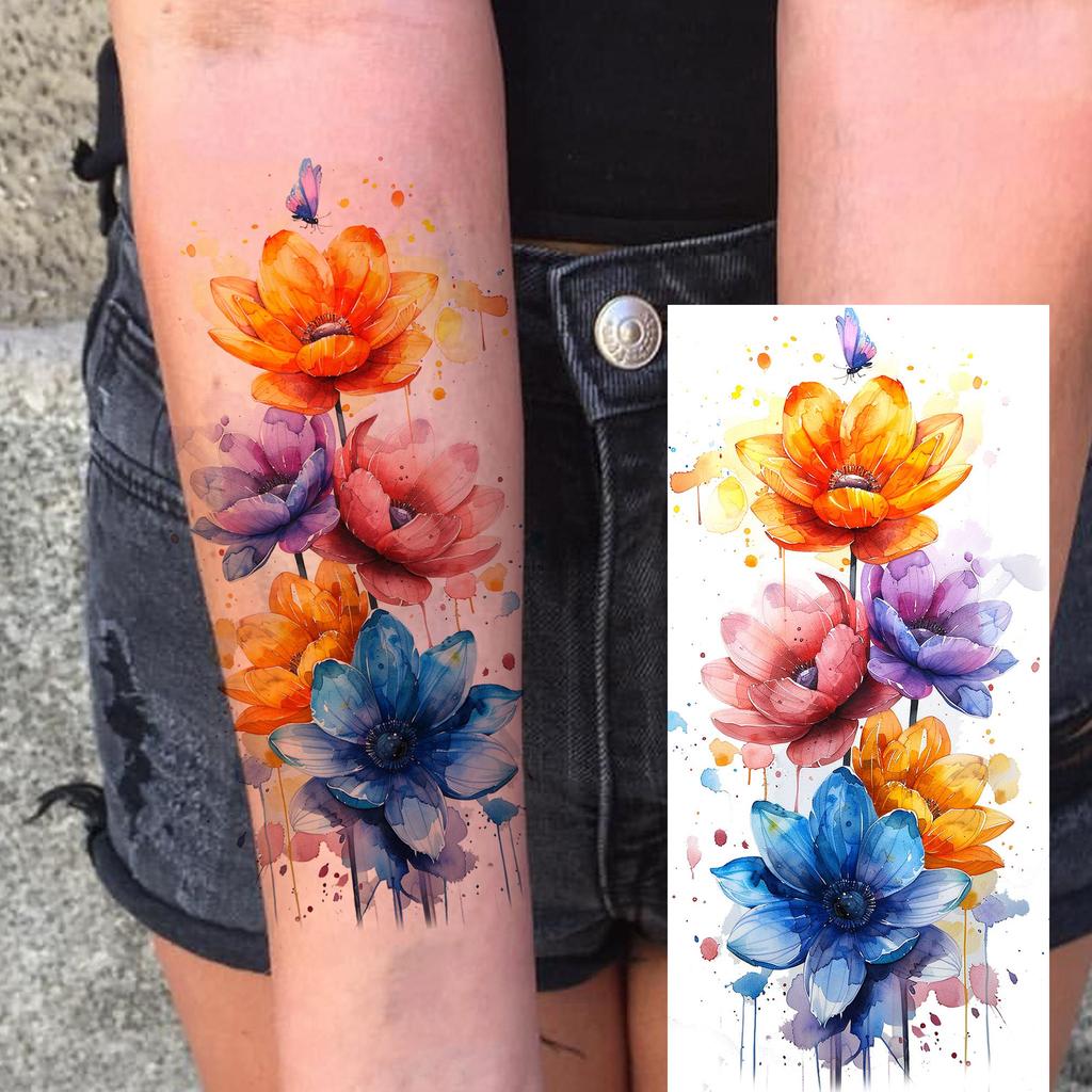 1 Sheet Butterfly Watercolor Flower Tiger Temporary Tattoos For Women Men Adults Fake Phoenix Parrot Lotus Tattoo Sticker Sleeve