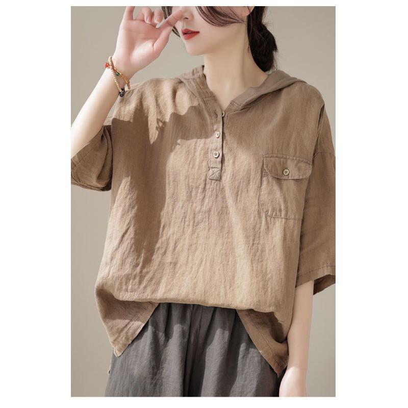 Short-sleeved T-shirt New Cotton and Linen Women's Top Hoodie Loose Simple Literary Original Slimming Women's T-shirt Women