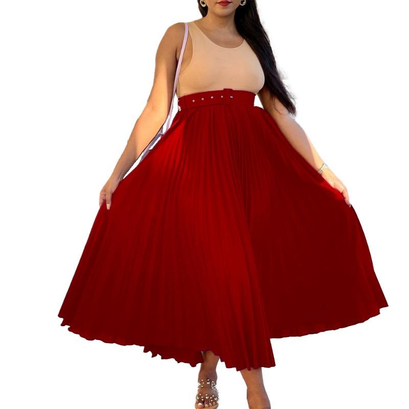 P with belt women's clothing new high waist large skirt medium and long pleated temperament drape skirt