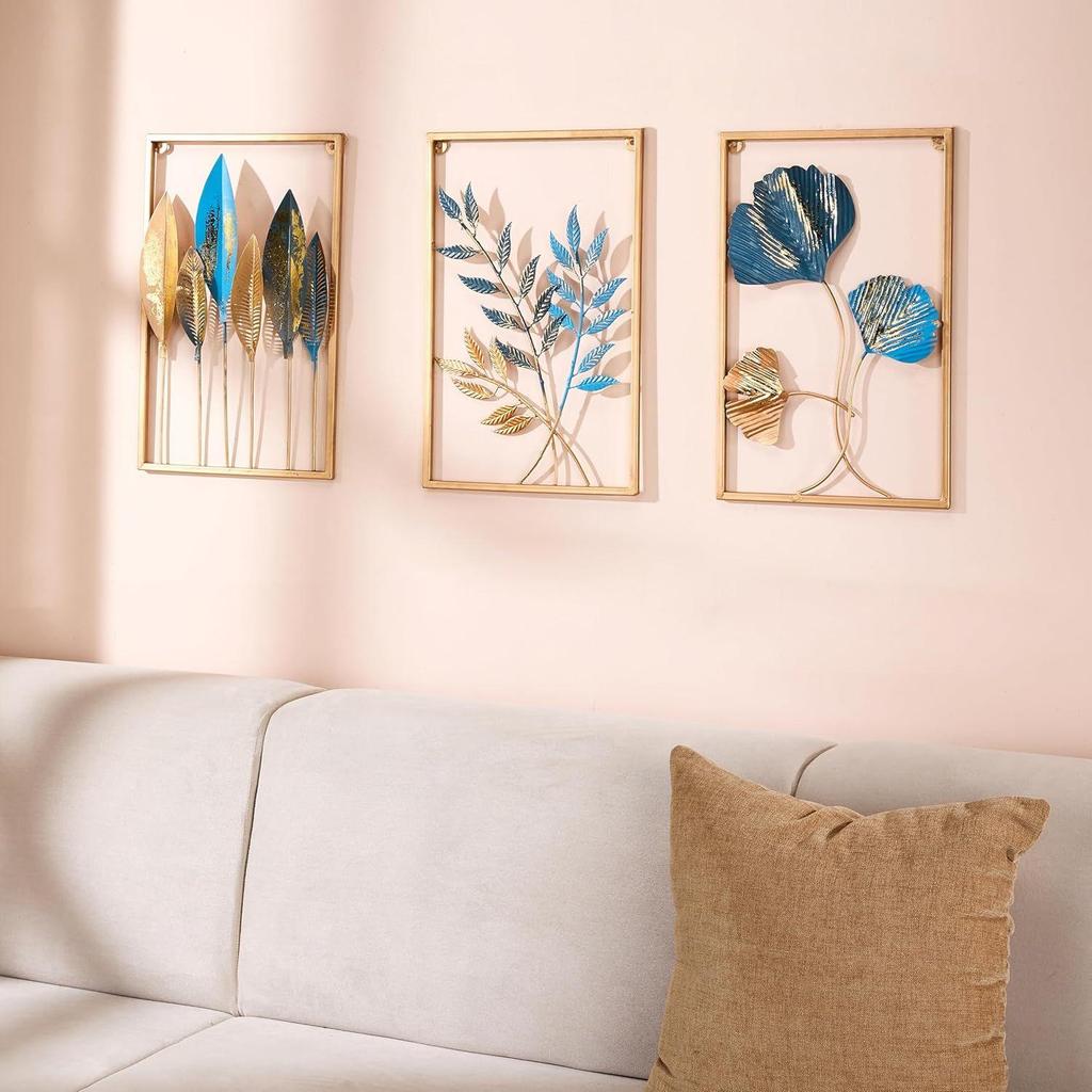 Decor de Perete cu Frunze Metalice | Design Frunză Inspirat de Natură | Instalare Ușoară (Set de 3 | Auriu)