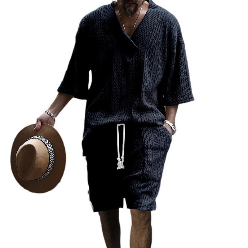 Summer Casual Shorts Set Knitted Two Piece Men's Clothing V-Neck Short Sleeve T-shirt and Shorts Streetwear Knit Outfits