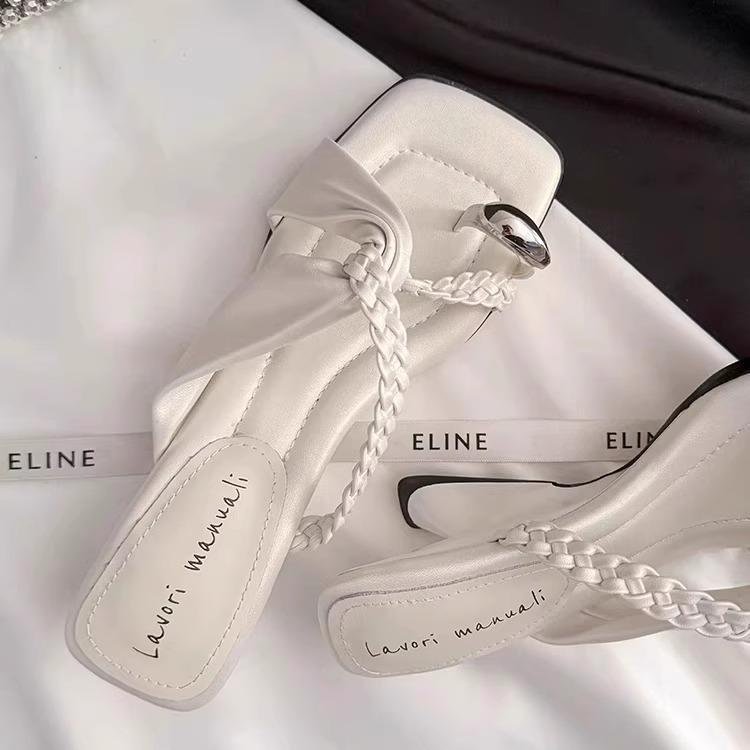 Slope heel soft-soled slippers women's summer new set of toe-woven one-word slips holiday beach sandals