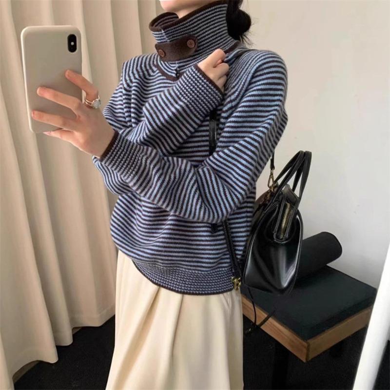 Gentle wind soft waxy stripes contrasting color lapel sweater women's top autumn and winter new pullover knitted sweater thick