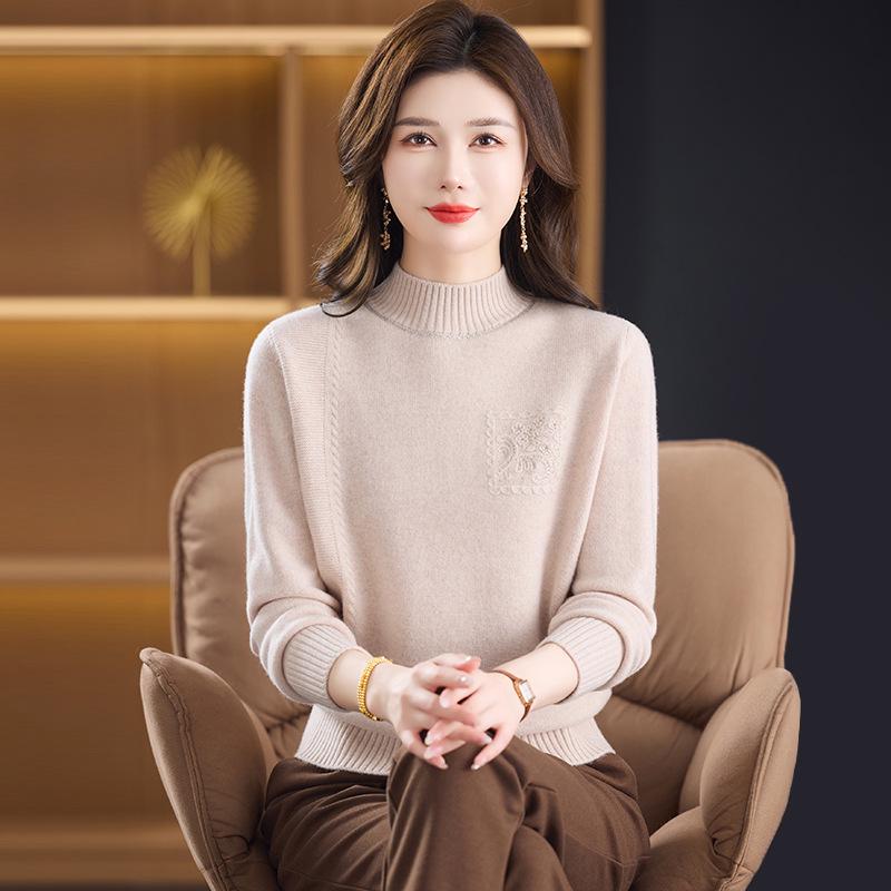 100% reine Schurwolle Damen Pullover mit halbem Stehkragen - Warme Strick-Basisschicht für mittlere und ältere Menschen