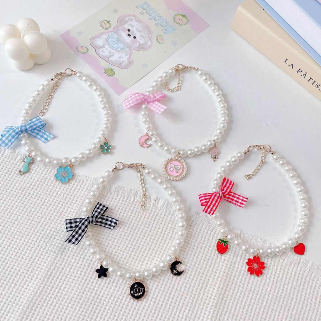 Pet Bow‑Pearl Necklace Sweet Floral‑Style Collar For Cats And Dogs Decorative Pet Neck Ornament