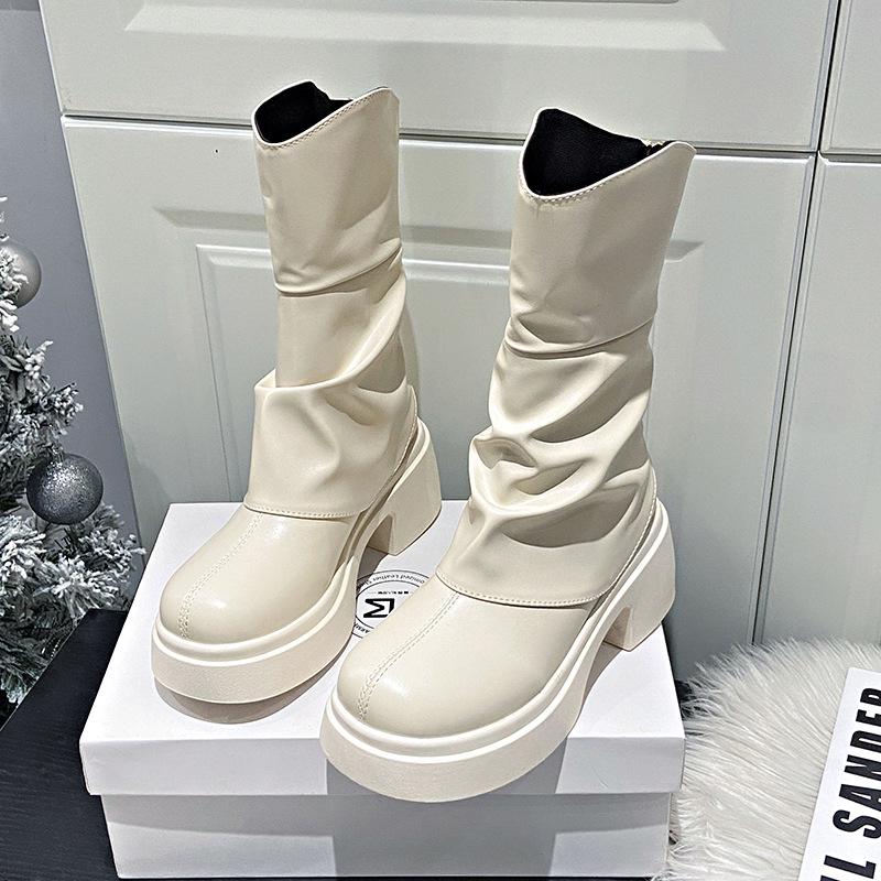 

Плиссированные кремовые сапоги на толстом каблуке - 2025 осень/зима британская мода женские сапоги на высоком каблуке кремовый/белый