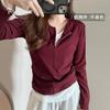Half Zipper Fake Two-piece T-shirt Women's Top Spring Burgundy Contrasting Splicing Long-sleeved Bottoming Shirt