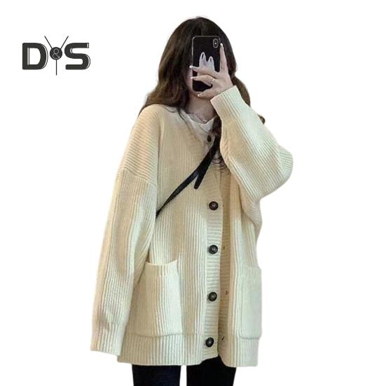 

Жіноче светрне пальто з v-подібним вирізом і довгим рукавом, однотонне в’язане пальто з великими кишенями, вільний светр-джемпер середньої довжини бежевий