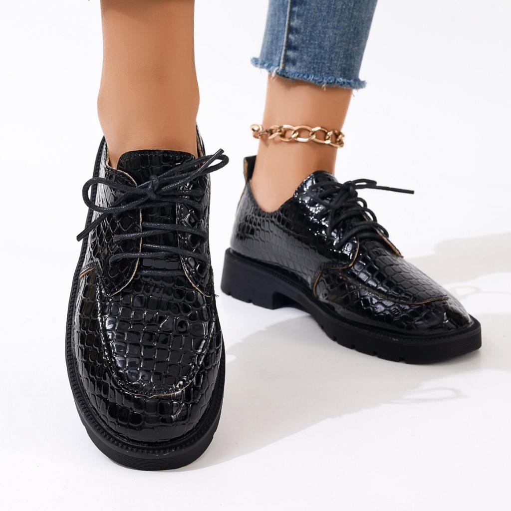 Foreign Trade Large Size Fashion Ankola Red Snake Pattern Leather Shoes Women's Casual Versatile Students Korean Version of the Trend Thick Heel Sma