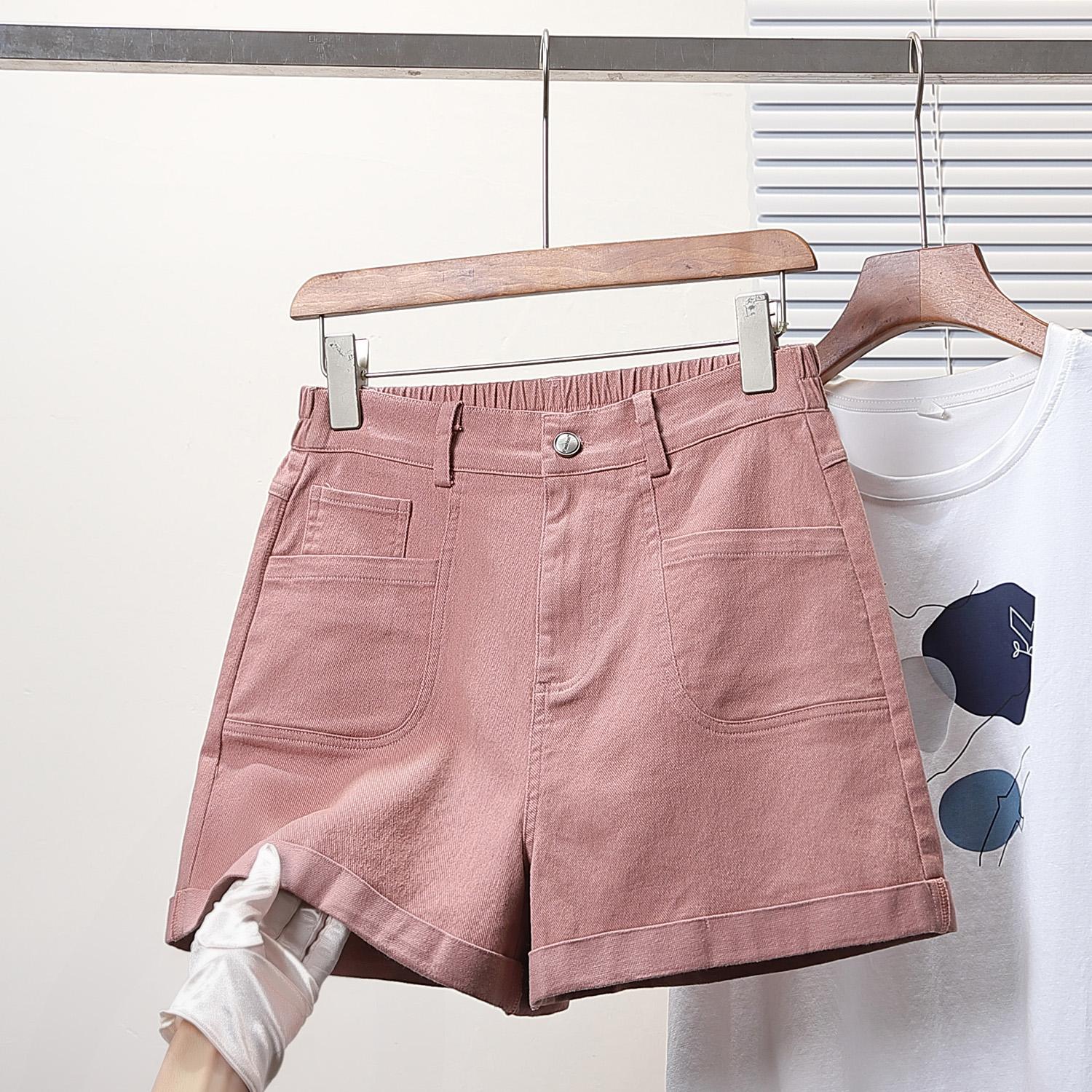 

DIMANAF Plus Size 2025 Женские шорты, брюки, летние свободные джинсы-шаровары, короткие базовые брюки с высокой талией и эластичным поясом 5XL розовый