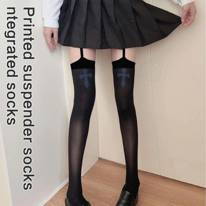 Womens Garter Belt Strappy Suspender Pantyhose Japanese Gothic Crosses Print Thigh High Stockings Bandages Silk Tights