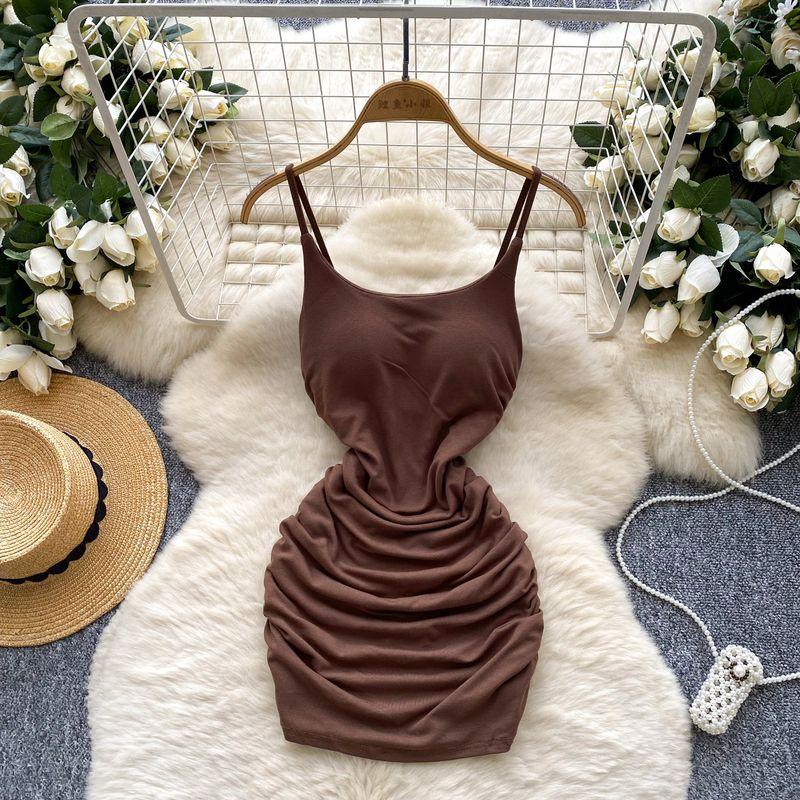 Pure Desire Style Dress Women 2025 Summer Scheming Pleat Waist Hugging Slim fit Sling Sheath Short dress Sexy Base Skirt