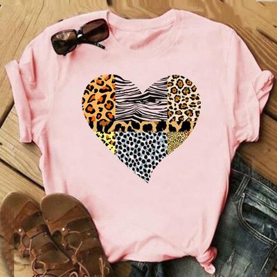 (Ázijská veľkosť)Tričko módne tričko Leopard Love Heart Sweet 90s Oblečenie Ležérne Krátky rukáv Ženy Tlač Lady Dámske Grafické tričko