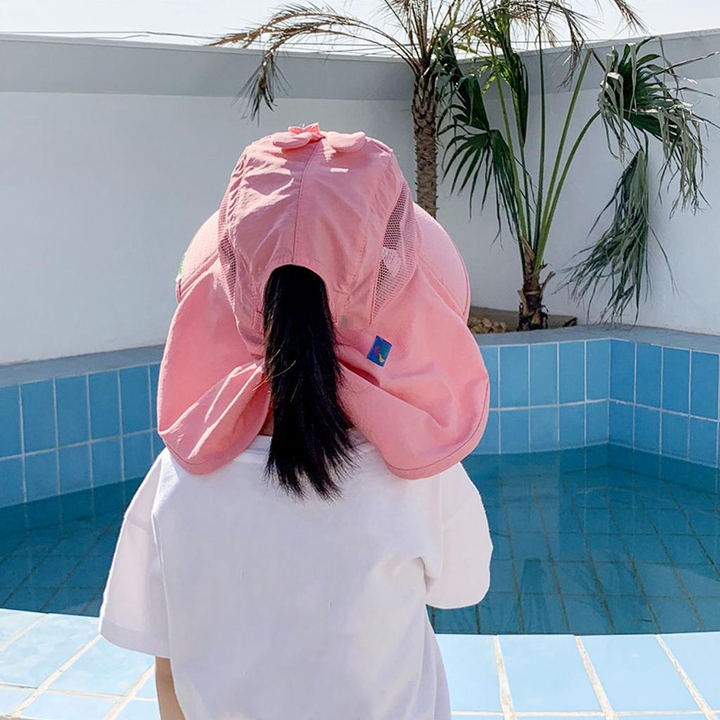 Girls Sun Hat UV Protection Cute Cartoon Print Large Brim Kids Beach Play Cap for Summer Pink