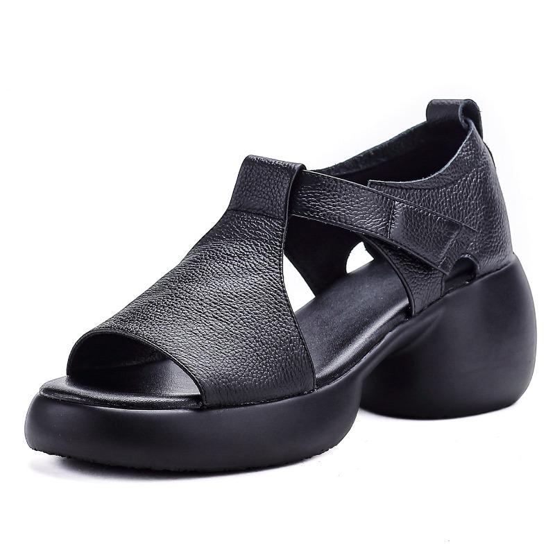 Pure Cowhide Summer New Thick-soled Casual Versatile Leather High-heeled Sandals Fish Mouth Velcro Mother Shoes