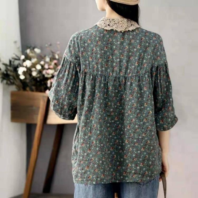 Vintage Künstlerischer Blumendruck Baumwoll-Leinen Bluse Damen Langarm Top Lässiges Hemd Spitze Patchwork Kragen Herbst Knopf Asiatische Größe