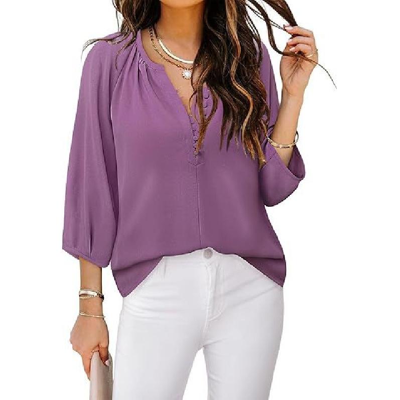 

2026 Women s V-neck Three-Quarter Sleeve Bohemian Chiffon Buttoned Shirt, Elegant and Stylish S фиолетовый