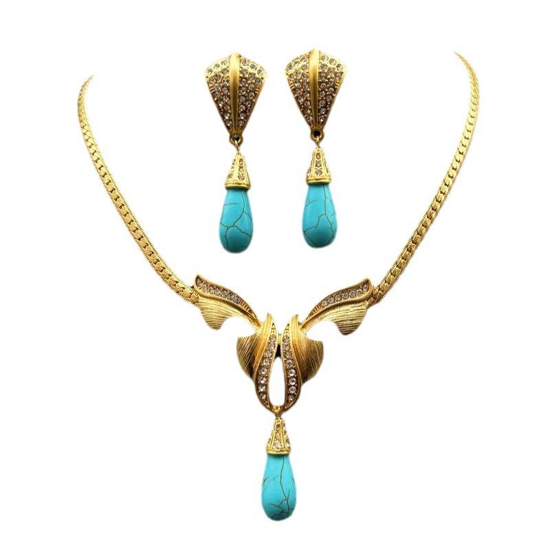 Medieval Vintage Western Full Set Heavy Duty Water Drop Turquoise Bow Collar Earnail