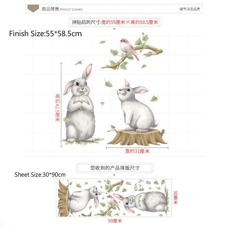 Cute Rabbit Birds Wall Sticker Green Leaves Decorative Wallpaper Self Adhesive Living Room Wall Murals TV Background Home Decor