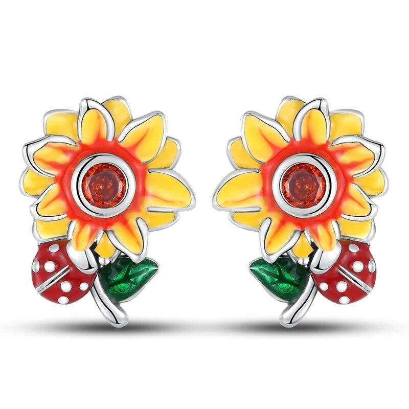 NEW 925 Silver Ear Jewelry Sunflower Flowers Plants Design Stud Earrings Trendy Female Luxury Fine Engagement Wedding Earring