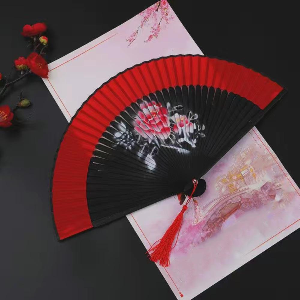 Chinese Style Tassel Folding Fan Exquisite Kimono Fan Blossom Printing Folded Fan Home Decoration