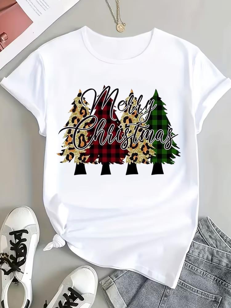 (Asian Size) Watercolor Tree Tee Top Print Christmas New Year Clothing T Shirt Women Fashion Festival Female Woman Short Sleeve Graphic T-shirts