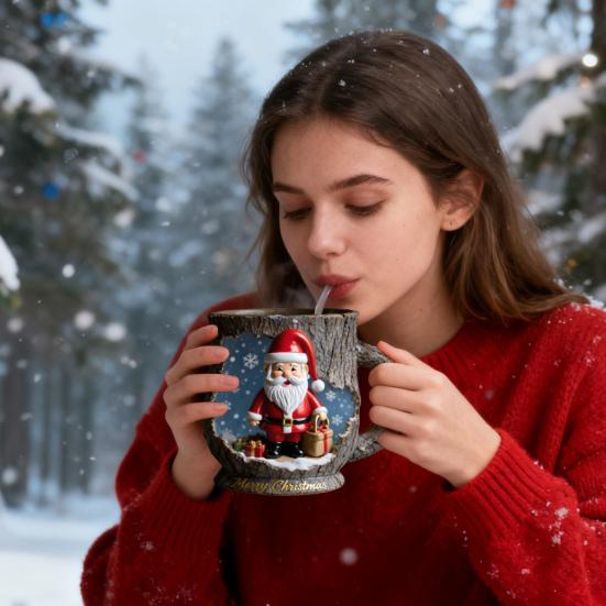 Festive Christmas Mug 3D Tree Bark Texture Themed Santa Reindeer Coffee Cup Resin Holiday Decor Novelty Gifts