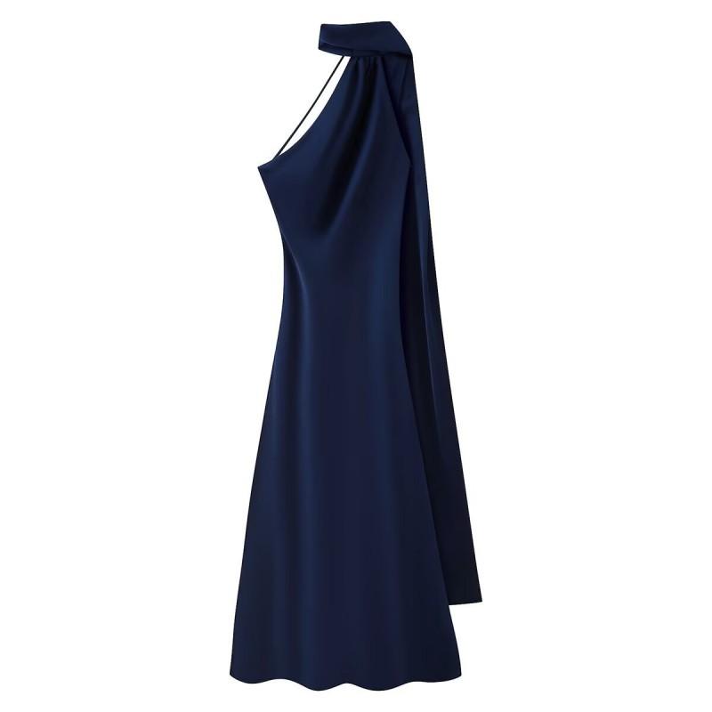 Elegant Off-Shoulder Backless Wrap Tie Neckline Maxi Dress Women 2025 Slim Fit High Waist TR Fabric