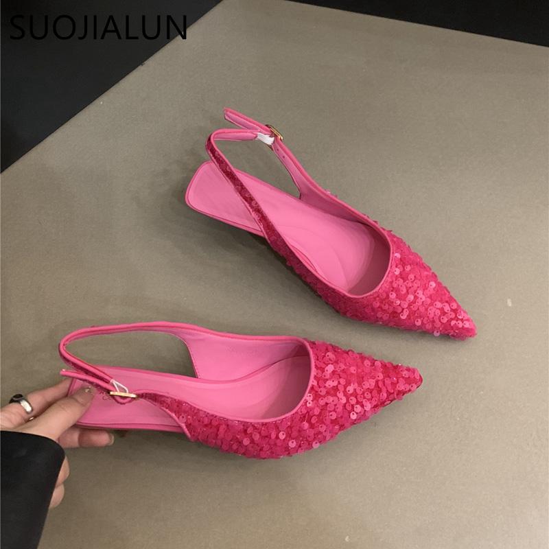Móda SUOJIALUN 2024 Jaro Nové Dámské Sandály Módní Bling Korálky Dámské Elegantní Boty Slingback Špičatá Špička Nazouvací Muly Lodičky Boty