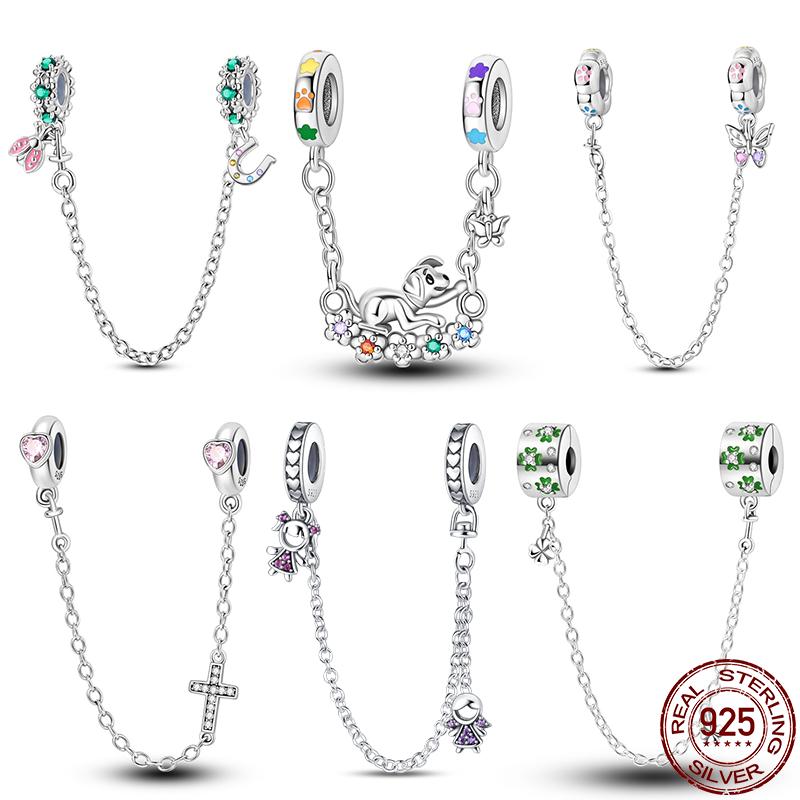 New 100% 925 Silver Lucky Clover Safety Chain Charms Bead Fits Original Pan Bracelet Pendant Women Fashion Fine Diy Jewelry