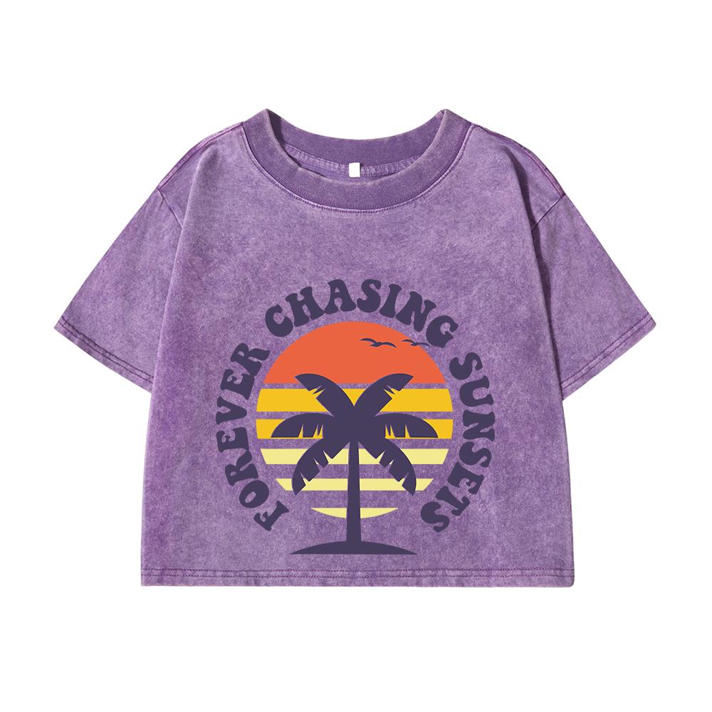 

Женские хлопковые кроп-топы с круглым вырезом, выстиранные футболки, вечно в погоне за закатами, с принтом, с коротким рукавом, уличная одежда XL