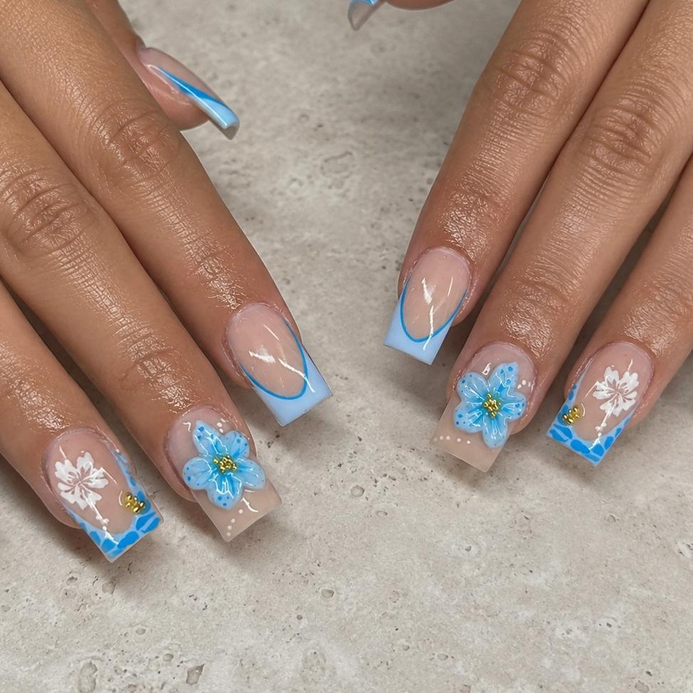 24 Pieces Of Manicure Summer Fresh Small Diamond Print Blue French Nude Medium And Long Square Wearing Armor Jelly glue + rubbing strips